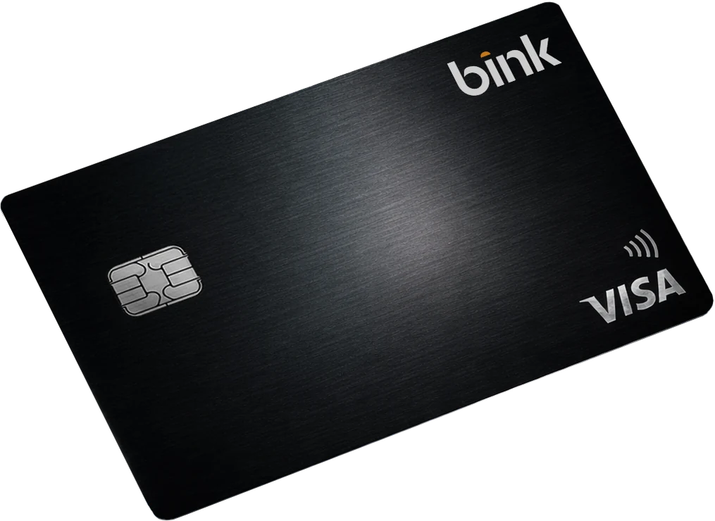 The Bink card — brushed black metal with the Bink and Visa marks.