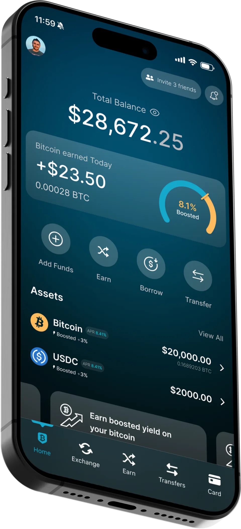 Bink app showing $28,672.25 balance and 0.23% boosted yield.